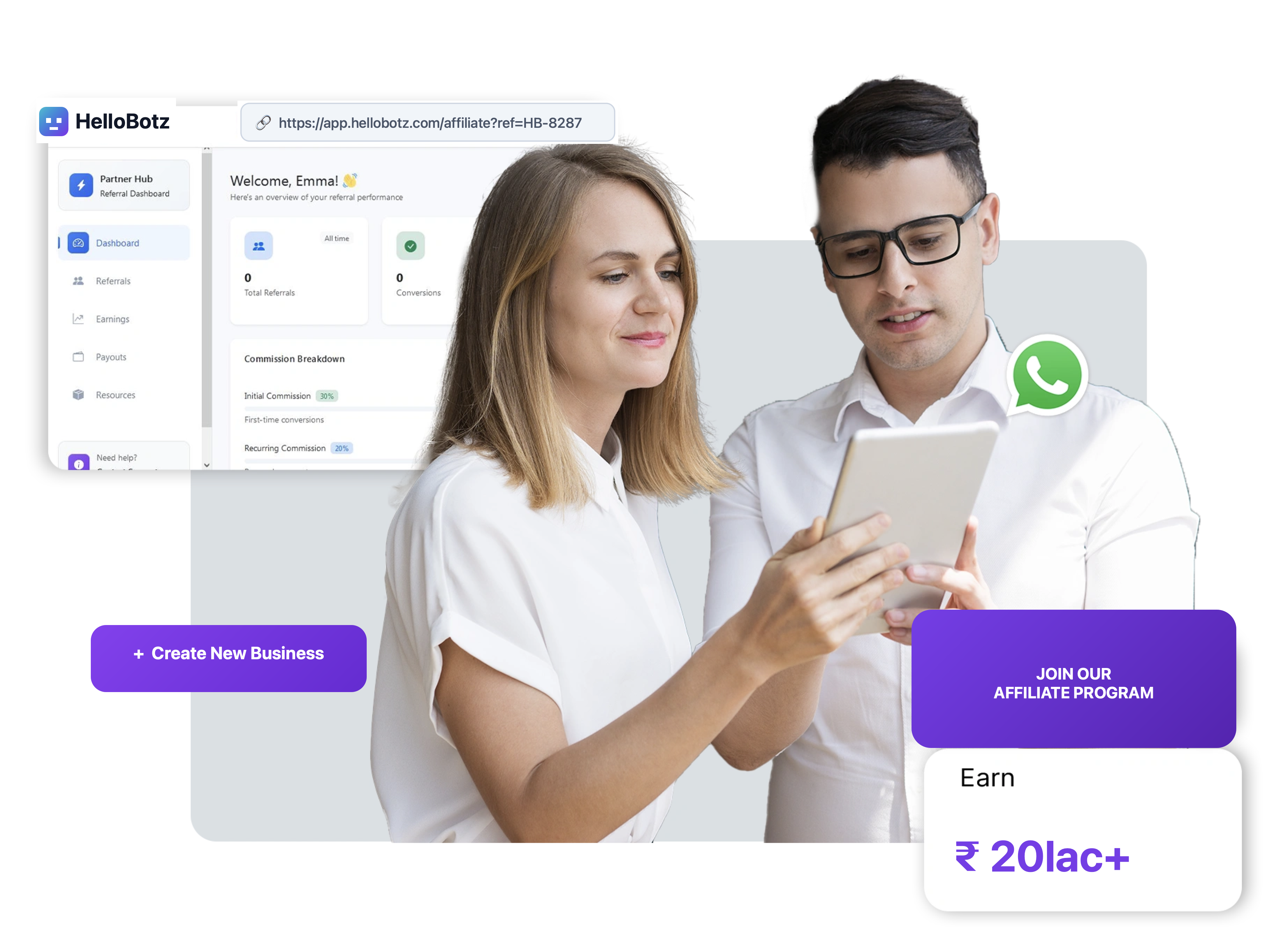 HelloBotz WhatsApp Affiliate Commission Tracking Dashboard